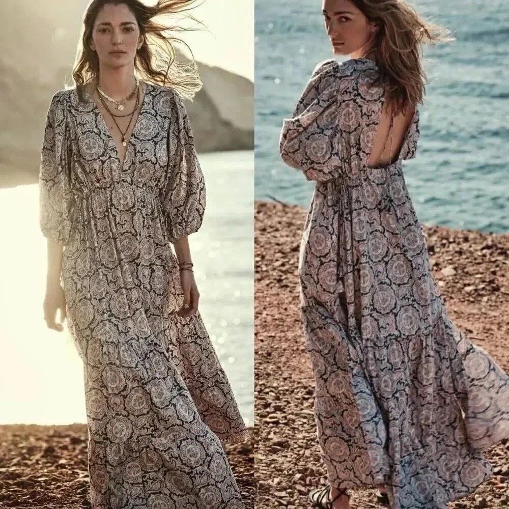 Chufy x Mango Boho Maxi Dress Floral Paisley Oversized Sz L Coastal Resort Boho
